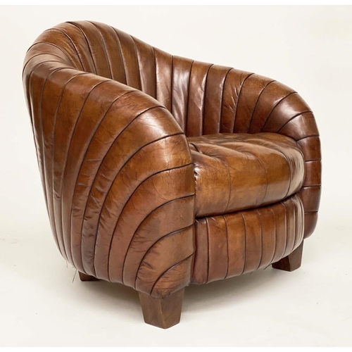 203 - ARMCHAIRS, a pair, Art Deco style with arched ribbed backs and button, quilted seat, 80cm W. (2)