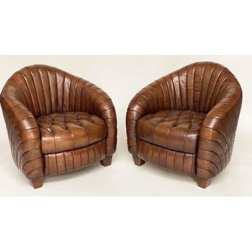 203 - ARMCHAIRS, a pair, Art Deco style with arched ribbed backs and button, quilted seat, 80cm W. (2)