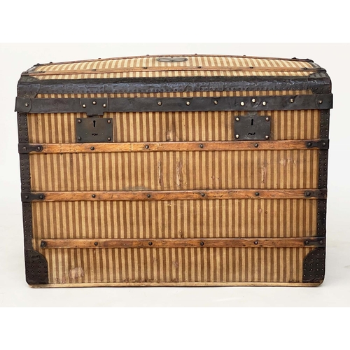 204 - DOMED CARRIAGE TRUNK, 19th century French striped fabric and metal bound with rising lid and carryin... 