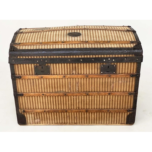 204 - DOMED CARRIAGE TRUNK, 19th century French striped fabric and metal bound with rising lid and carryin... 