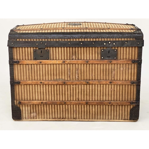 204 - DOMED CARRIAGE TRUNK, 19th century French striped fabric and metal bound with rising lid and carryin... 