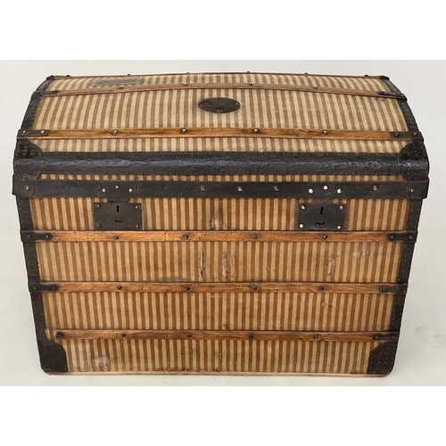 204 - DOMED CARRIAGE TRUNK, 19th century French striped fabric and metal bound with rising lid and carryin... 