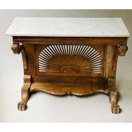 206 - ANGLO INDIAN CONSOLE TABLE, 19th century teak with pierced sun burst back, scroll supports and paw f... 