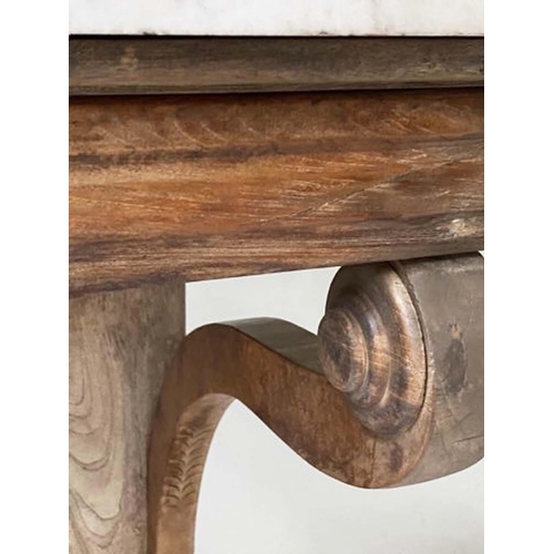 206 - ANGLO INDIAN CONSOLE TABLE, 19th century teak with pierced sun burst back, scroll supports and paw f... 