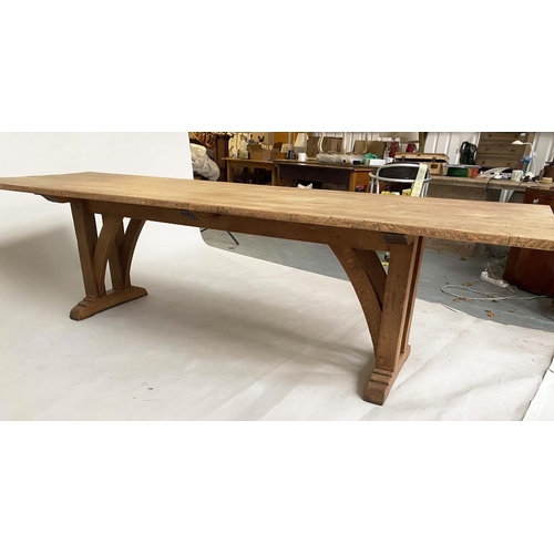 207 - REFECTORY TABLE, Arts and Crafts style solid oak, raised upon substantial trestle arched supports, 2... 