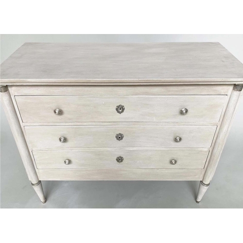 210 - COMMODE, French Empire style, grey painted and silvered metal mounted with three long drawers, 112cm... 