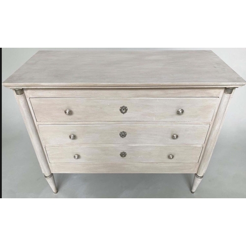 210 - COMMODE, French Empire style, grey painted and silvered metal mounted with three long drawers, 112cm... 