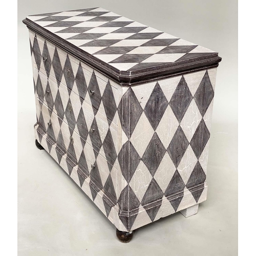 213 - HARLEQUIN COMMODE, 19th century Continental pattern, decorated with three long drawers and bun suppo... 