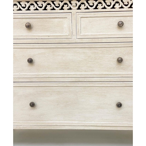 215 - COMMODE, French style traditionally grey painted with pierced frieze and four drawers, 75cm H x 89cm... 