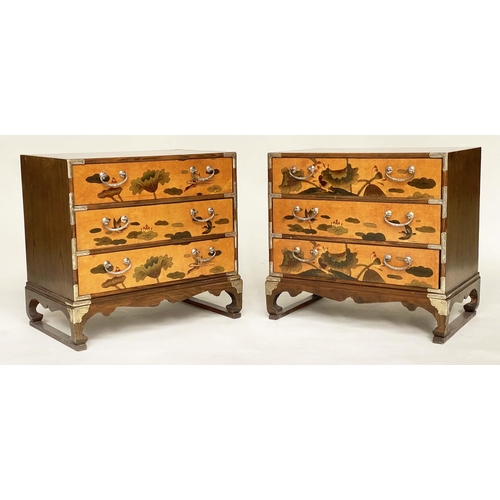 216 - CHESTS, a pair, Chinese, sienna lacquered chinoiserie decorated and silvered metal mounted each with... 