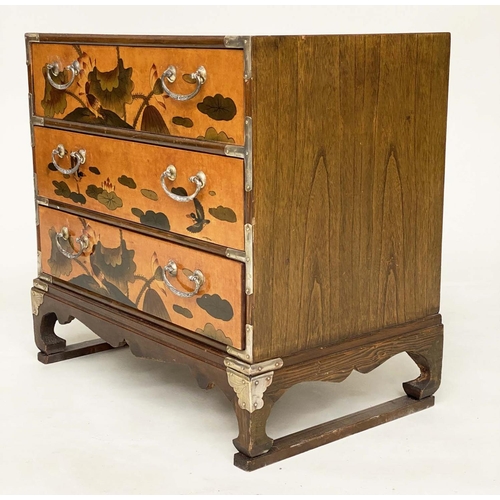 216 - CHESTS, a pair, Chinese, sienna lacquered chinoiserie decorated and silvered metal mounted each with... 