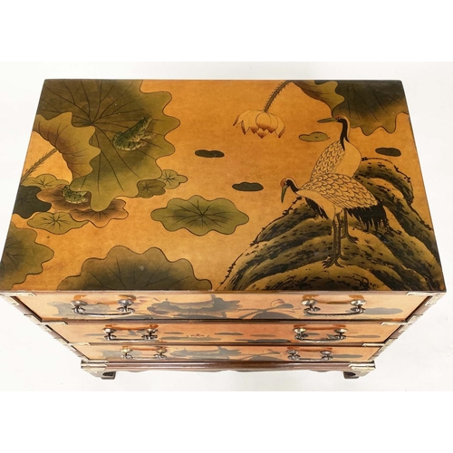 216 - CHESTS, a pair, Chinese, sienna lacquered chinoiserie decorated and silvered metal mounted each with... 