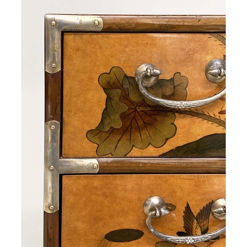 216 - CHESTS, a pair, Chinese, sienna lacquered chinoiserie decorated and silvered metal mounted each with... 