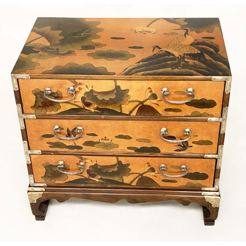 216 - CHESTS, a pair, Chinese, sienna lacquered chinoiserie decorated and silvered metal mounted each with... 