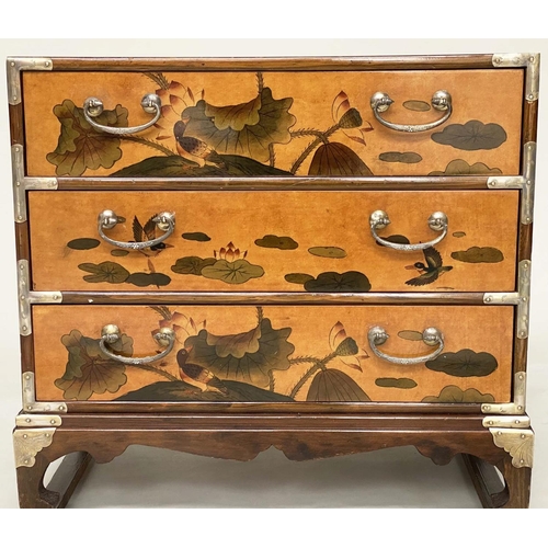 216 - CHESTS, a pair, Chinese, sienna lacquered chinoiserie decorated and silvered metal mounted each with... 