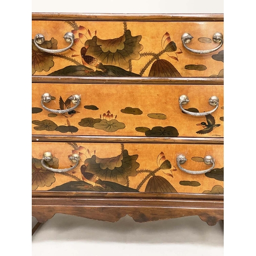 216 - CHESTS, a pair, Chinese, sienna lacquered chinoiserie decorated and silvered metal mounted each with... 