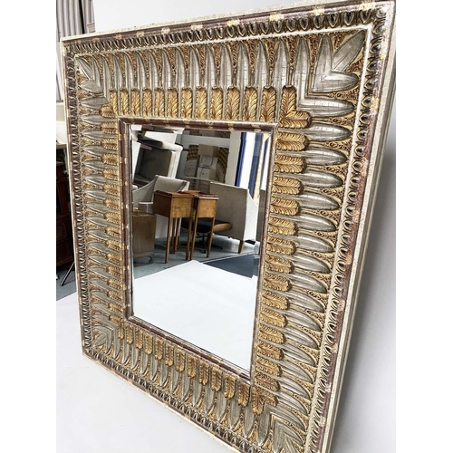 217 - WALL MIRROR, large rectangular Regency style gesso moulded with broad acanthus leaf, decorated frame... 