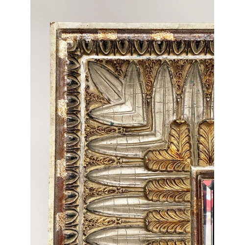 217 - WALL MIRROR, large rectangular Regency style gesso moulded with broad acanthus leaf, decorated frame... 