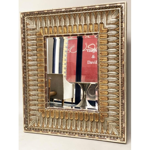 217 - WALL MIRROR, large rectangular Regency style gesso moulded with broad acanthus leaf, decorated frame... 