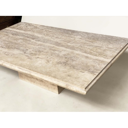 220 - TRAVERTINE LOW TABLE, 1970s rectangular Italian marble with moulded edge on plinth base, 100cm D x 1... 