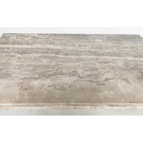 220 - TRAVERTINE LOW TABLE, 1970s rectangular Italian marble with moulded edge on plinth base, 100cm D x 1... 