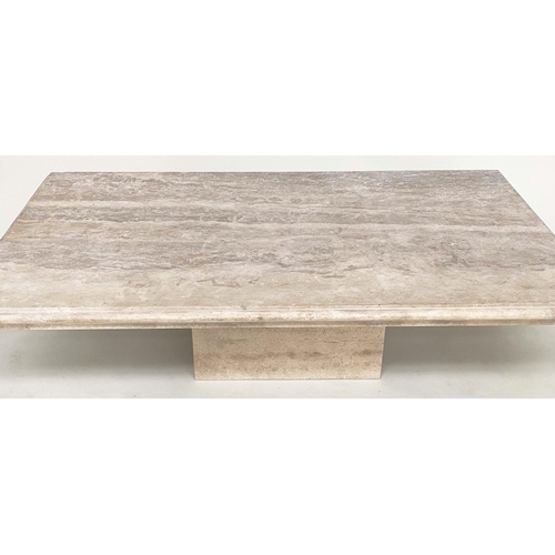 220 - TRAVERTINE LOW TABLE, 1970s rectangular Italian marble with moulded edge on plinth base, 100cm D x 1... 