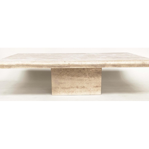 220 - TRAVERTINE LOW TABLE, 1970s rectangular Italian marble with moulded edge on plinth base, 100cm D x 1... 