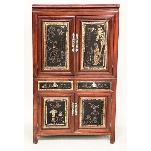 222 - CHINESE CABINET, late 19th/early 20th century scarlet lacquered and silvered metal mounted with gilt... 