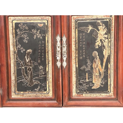 222 - CHINESE CABINET, late 19th/early 20th century scarlet lacquered and silvered metal mounted with gilt... 