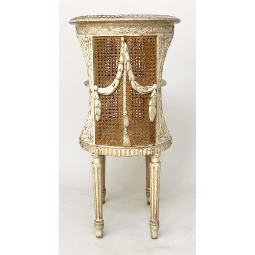 223 - LAMP TABLE/ETAGERE, 19th century French Louis XVI style grey painted oval with cane work sides and t... 