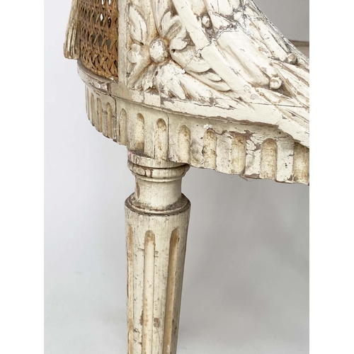 223 - LAMP TABLE/ETAGERE, 19th century French Louis XVI style grey painted oval with cane work sides and t... 