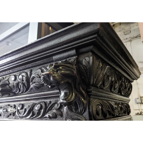 229 - DISPLAY CABINET, 100cm W x 181cm H x 64cm D, late 19th century ornately carved oak with lion mask, c... 