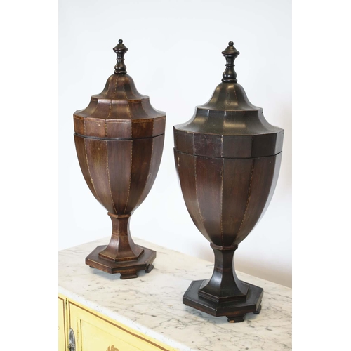 232 - CUTLERY URNS, 68cm H x 26cm W, a pair, Sheraton design mahogany and string inlaid. (2)