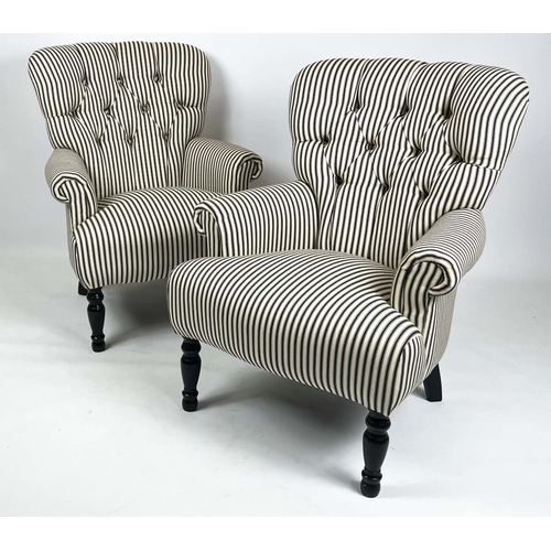 244 - ARMCHAIRS, 84cm H x 71cm W, a pair, ebonised in black and white ticking. (2)