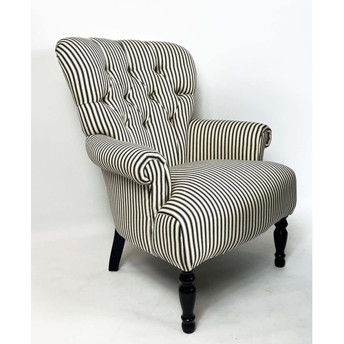 244 - ARMCHAIRS, 84cm H x 71cm W, a pair, ebonised in black and white ticking. (2)