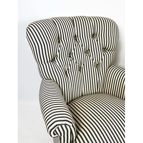 244 - ARMCHAIRS, 84cm H x 71cm W, a pair, ebonised in black and white ticking. (2)