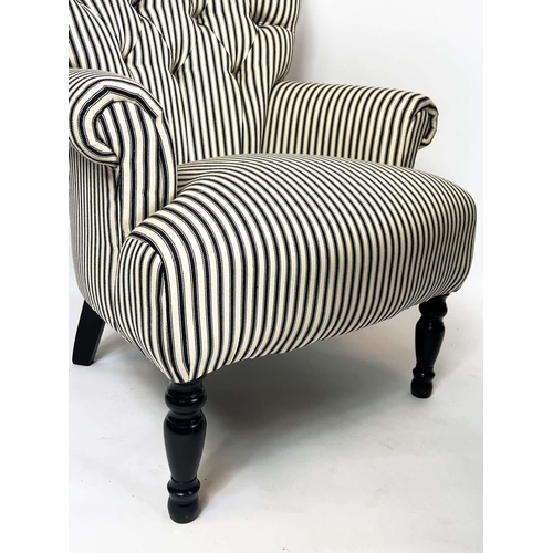 244 - ARMCHAIRS, 84cm H x 71cm W, a pair, ebonised in black and white ticking. (2)