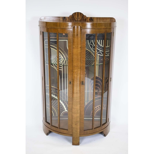 287 - DEMI LUNE DISPLAY CABINET, 128cm H x 33cm D, mid 20th century walnut with two glazed doors, enclosin... 