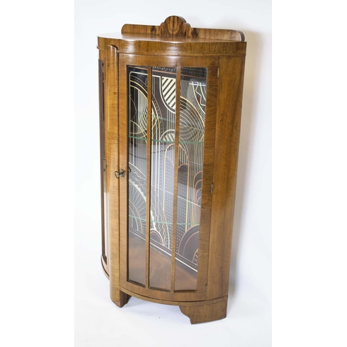 287 - DEMI LUNE DISPLAY CABINET, 128cm H x 33cm D, mid 20th century walnut with two glazed doors, enclosin... 