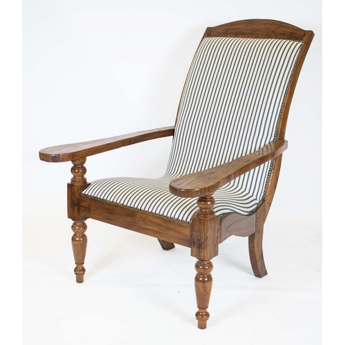 288 - PLANTER'S CHAIR, 108cm H x 81cm W, Colonial teak in new ticking upholstery.