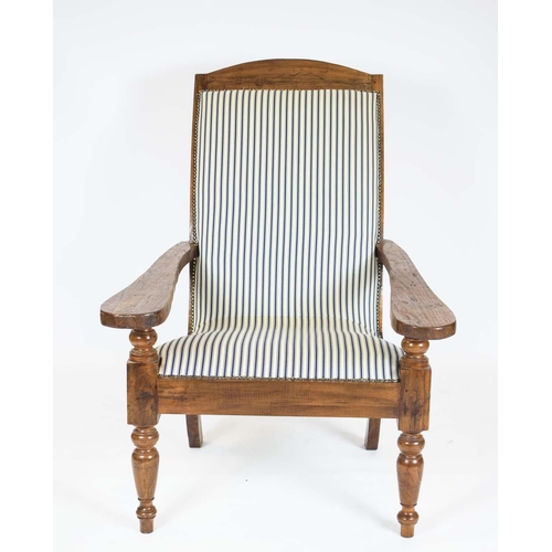 288 - PLANTER'S CHAIR, 108cm H x 81cm W, Colonial teak in new ticking upholstery.