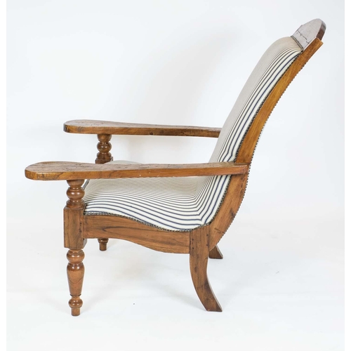 288 - PLANTER'S CHAIR, 108cm H x 81cm W, Colonial teak in new ticking upholstery.