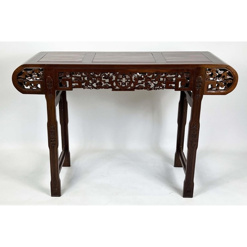 289 - ALTAR TABLE, 82cm H x 122cm W x 41cm D, Chinese hardwood carved on all sides.