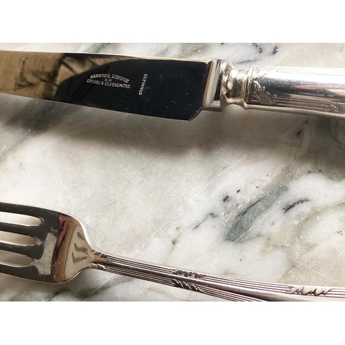 295 - HARRODS CANTEEN CUTLERY, a boxed walnut cased (with key), set of silver plated 'Heritage Plate', wit... 