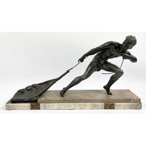 33 - J. DE RONCOURT 'The Fisherman', French Art Deco, spelter on marble base, 76cm L x 41cm H.