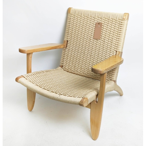 377 - AFTER HANS J WEGNER CH25 STYLE LOUNGE CHAIR, ash framed and rush woven back and seat, 70cm W.