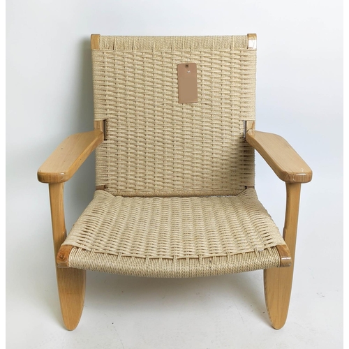 377 - AFTER HANS J WEGNER CH25 STYLE LOUNGE CHAIR, ash framed and rush woven back and seat, 70cm W.