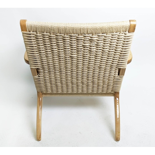 377 - AFTER HANS J WEGNER CH25 STYLE LOUNGE CHAIR, ash framed and rush woven back and seat, 70cm W.