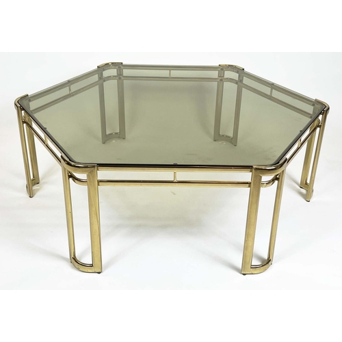 380 - MILO BAUGHMAN FOR MOREX COFFEE TABLE, Italian circa 1970s, hexagonal brass framed with a glass top, ... 