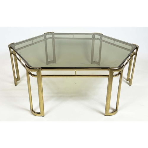 380 - MILO BAUGHMAN FOR MOREX COFFEE TABLE, Italian circa 1970s, hexagonal brass framed with a glass top, ... 